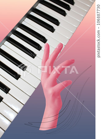 Hand play the piano. Composition with black and white piano keys, synthesizer isolated on light background. Conceptual, contemporary art collage. 106887730