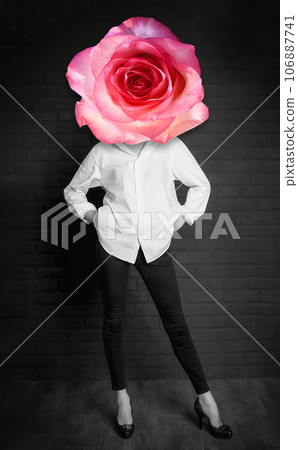 Abstract contemporary art collage with black and white portrait of young woman with flowers on face Abstract contemporary art collage with black and white portrait of young woman with flowers on face 106887741
