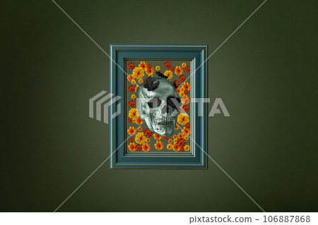 Day of the dead, Dia De Los Muertos greeting card. Creative Halloween still life with skull and marigold flowers. Day of the dead, Dia De Los Muertos greeting card. Creative Halloween still life with skull and marigold flowers. 106887868