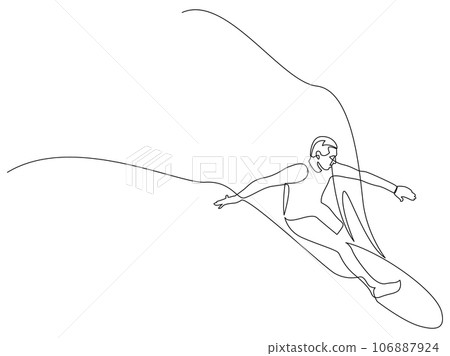 Continuous one line drawing of young professional surfer. Extreme watersport concept drawn by single line. Vector illustration. 106887924