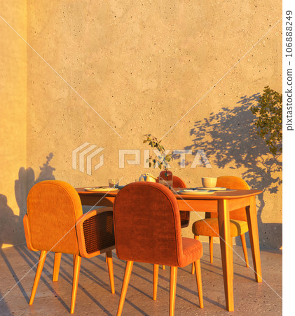Outdoor beige scandinavian balcony with modern stone wall and dining table, sun and orange chairs. Beautiful nature sunset background. 3d rendering. High quality 3d illustration Outdoor beige scandinavian balcony with modern stone wall and dining table, sun and orange chairs. Beautiful nature sunset background. 3d rendering. High quality 3d illustration 106888249