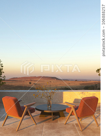 Beige scandi balcony with natural stone wall, table and orange chair. Beautiful nature sunset light view and mountain landscape background with green plant. 3d rendering. High quality 3d illustration Beige scandi balcony with natural stone wall, table and orange chair. Beautiful nature sunset light view and mountain landscape background with green plant. 3d rendering. High quality 3d illustration 106888257