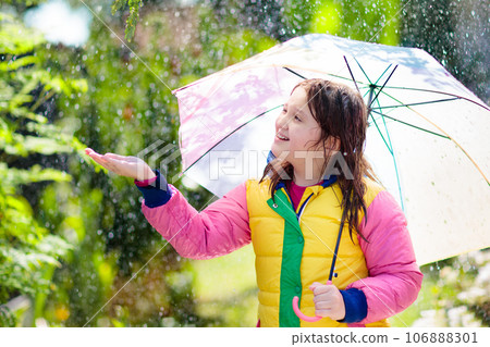 Child playing in autumn rain. Kid with umbrella. Child playing in autumn rain. Kid with umbrella. 106888301