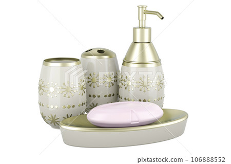 Bathroom Accessories Set, Decorative Glass Bathroom Accessories Set, Large Soap Dispenser, Soap Dish, Toothbrush Holder, Tumbler, 3D rendering 106888552