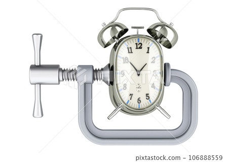 Alarm clock squeezed in a clamp concept, 3D rendering 106888559