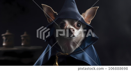 Cute chihuahua dog in a blue cloak on a dark background Cute chihuahua dog in a blue cloak on a dark background 106888698