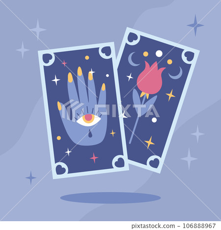 Tarot cards with hamsa hand, flower, isoteric eye illustration in flat cartoon style. Magic witchcraft Halloween attributes. Vector illustration Tarot cards with hamsa hand, flower, isoteric eye illustration in flat cartoon style. Magic witchcraft Halloween attributes. Vector illustration 106888967