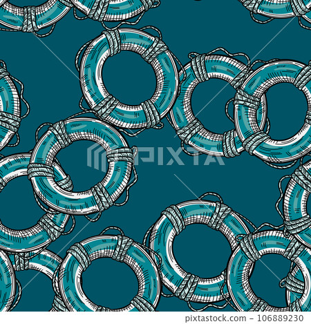 Vintage lifebuoy with rope sketch seamless pattern. Hand drawn life ring in engraving style wallpaper. Vintage lifebuoy with rope sketch seamless pattern. Hand drawn life ring in engraving style wallpaper. 106889230