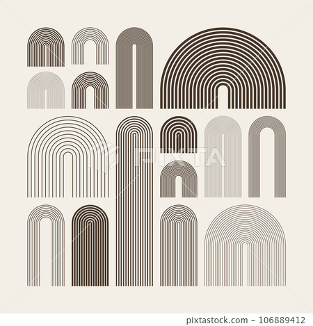 Mid century arch elements, modern geometric shapes. Contemporary design, minimalist art. Trendy design elements for wall decor, posters, books, covers and flyers. Vector illustration 106889412