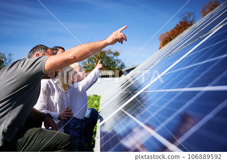 Modern dad showing potential of alternative energy to his family. Young family looking at their investment for future. Side view of interested kid and his parents next to solar station. 106889592