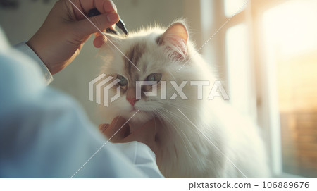 A small kitten is examined by a veterinarian doctor in a clinic with sun rays from the windows A small kitten is examined by a veterinarian doctor in a clinic with sun rays from the windows 106889676