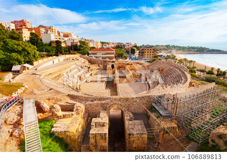 Tarragona Amphitheatre aerial panoramic view, Spain 106889813