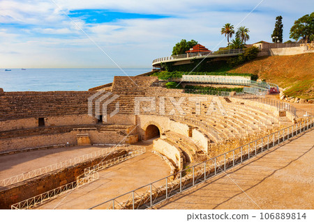 Tarragona Amphitheatre aerial panoramic view, Spain 106889814