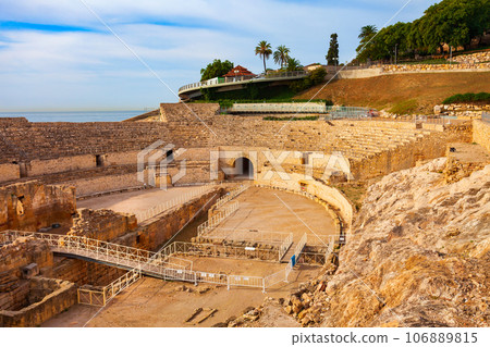 Tarragona Amphitheatre aerial panoramic view, Spain 106889815