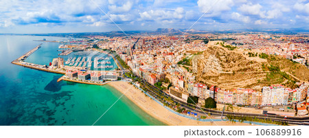 Alicante city port aerial panoramic view, Spain 106889916