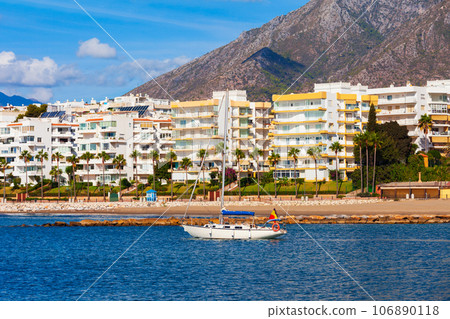 Marbella city port and beach aerial panoramic view 106890118