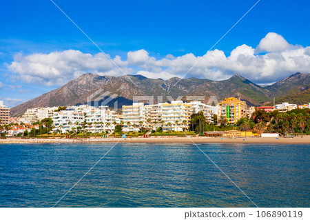 Marbella city beach panoramic view in Spain 106890119