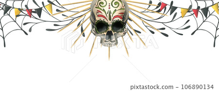 Human skull in a golden crown with garland flags, cobwebs. Hand drawn watercolor illustration for Halloween, day of the dead, Dia de los muertos. Template, frame, board on white background. 106890134