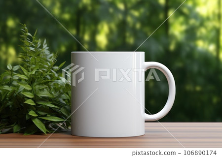 Mockup for c-handle blank mug: on a table clean background with greenery. Generative AI Mockup for c-handle blank mug: on a table clean background with greenery. Generative AI 106890174