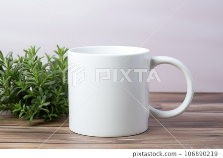 Mockup for c-handle blank mug: on a table clean background with greenery. Generative AI Mockup for c-handle blank mug: on a table clean background with greenery. Generative AI 106890219