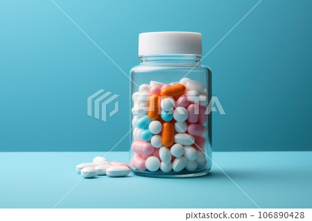 Pill bottle, light background, reality, balanced lighting, blue background. Generative AI 106890428