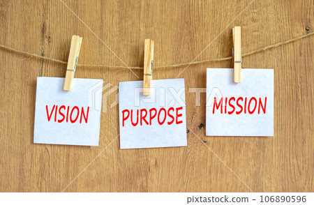 Vision purpose mission symbol. Concept word Vision Purpose Mission on beautiful white paper on clothespin. Beautiful wooden background. Business motivational vision purpose mission concept. Copy space 106890596