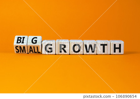 Big or small growth symbol. Turned wooden cubes and changed concept words Small growth to Big growth. Beautiful orange table orange background, copy space. Business big or small growth concept. Big or small growth symbol. Turned wooden cubes and changed concept words Small growth to Big growth. Beautiful orange table orange background, copy space. Business big or small growth concept. 106890654