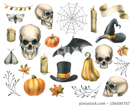 Human skulls in hats with bat wings, pumpkins, autumn leaves and candles. Hand drawn watercolor illustration for Halloween. Set of isolated elements on a white background. 106890787