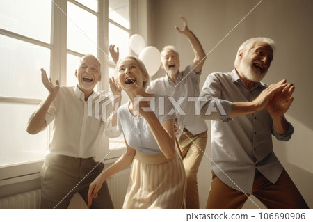 A group happy senior people, in light-colored clothes, dancing indoor, and laughing 106890906