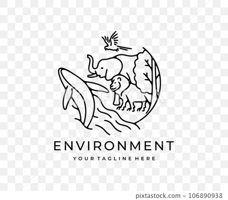 Ecosystem, animals, plants, fish and birds, linear graphic design. Environment, lion, elephant, macaw parrot, whale, ocean and trees, vector design and illustration 106890938
