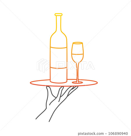 Waiter holding wine bottle and glass on tray. Waiter holding wine bottle and glass on tray. 106890940