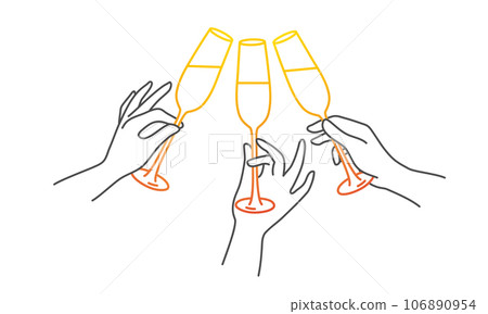 Three hands holding champagne glasses. 106890954