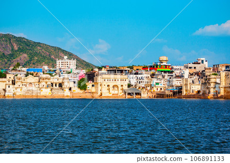 Ghats at Pushkar lake in India Ghats at Pushkar lake in India 106891133