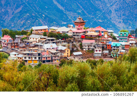 Kalpa town aerial panoramic view, India 106891267