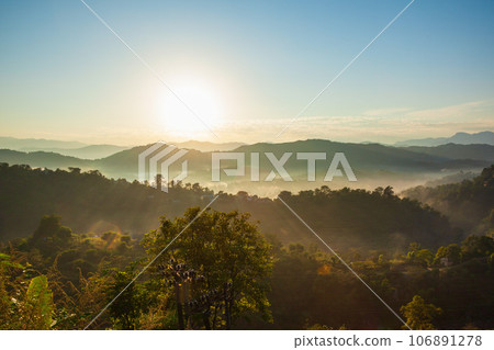 Himalaya hills in mist, sunrise landscape 106891278