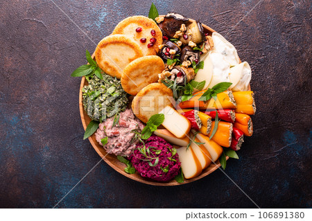 Vegetarian appetizers Georgian cuisine, bread, dips and cheese Vegetarian appetizers Georgian cuisine, bread, dips and cheese 106891380