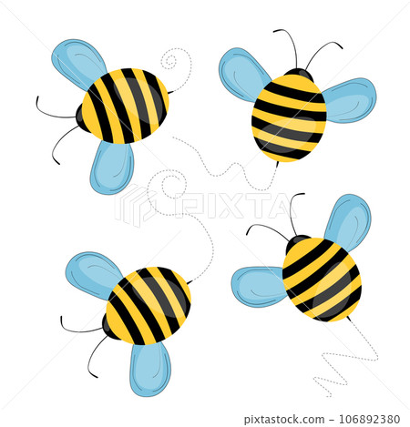 Set of cartoon bee mascot. A small bees flying on a dotted route. Wasp collection. Vector characters. Incest icon. Template design for invitation, cards. Doodle style 106892380