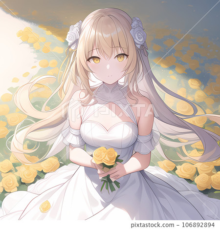 Illustration of a girl in a white dress looking at herself surrounded by yellow roses Illustration of a girl in a white dress looking at herself surrounded by yellow roses 106892894