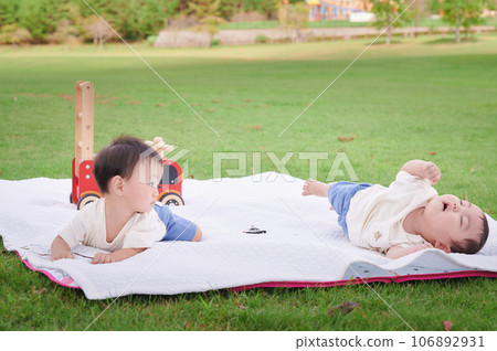 雙胞胎孩子在公園玩耍，嬰兒爬行 106892931
