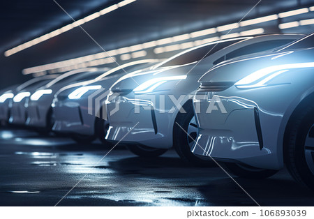 showroom or parking with modern electric cars, futuristic design, technology and transportation concept, generative AI 106893039