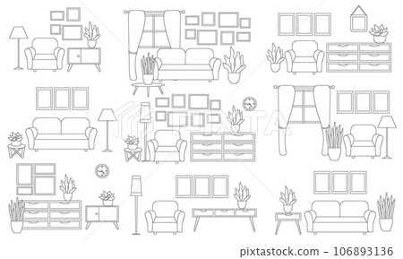 A set of interior compositions in black and white are isolated on a white background. 106893136