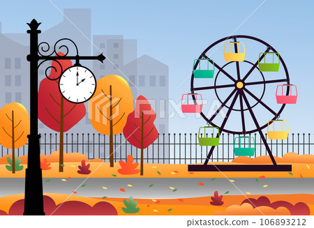 City park with a Ferris wheel, clock and trees. Autumn city. City park with a Ferris wheel, clock and trees. Autumn city. 106893212