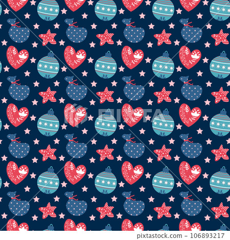 Festive pattern with stars, a bag of gifts, Christmas balls and hearts.  106893217