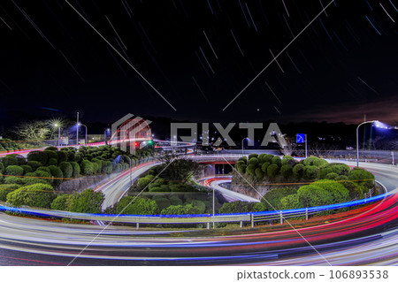 Light trails and star trails at Ondo Ohashi Rotary Light trails and star trails at Ondo Ohashi Rotary 106893538