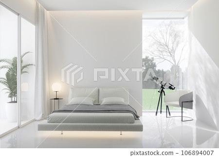 Minimal style white bedroom with a telescope in the glass window 3d render 106894007