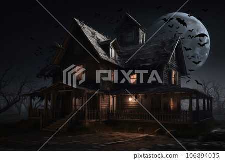 Haunted House with pumpkin and Full Moon Haunted House with pumpkin and Full Moon 106894035