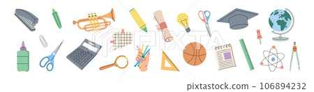 School accessories. Office stapler, scissor, calculator, diploma, paper clip, measuring tool, marker pens, notebook, magnifying glass. Back to school. School accessories. Office stapler, scissor, calculator, diploma, paper clip, measuring tool, marker pens, notebook, magnifying glass. Back to school. 106894232