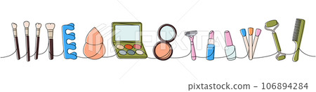 Set of makeup and beauty tools one line colored continuous drawing. Brushes, sponge, fingers separator, nail polish palette, massage roller, hair comb 106894284