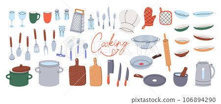 Kitchen utensils. Kitchenware and cutlery. Ceramic plates, mug, cup, wineglass, frying pan, sieve, cooking glove, steel grater, mortar, rolling pin. Kitchen utensils. Kitchenware and cutlery. Ceramic plates, mug, cup, wineglass, frying pan, sieve, cooking glove, steel grater, mortar, rolling pin. 106894290