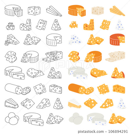 Triangles and slices of delicious cheeses. Cheese products vertical banner. Cheddar, camembert, brick, mozzarella, maasdam, brie, roquefort, gouda. 106894291